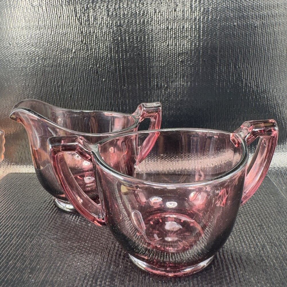 Vintage Depression Glass Sugar And Creamer Set 2 Glassware Amethyst‎ Purple VTG